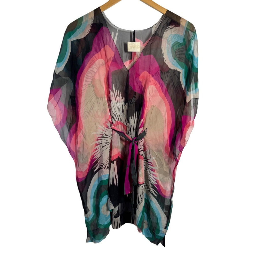 Falls Y2K Multicolor Abstract Floral Silk Sheer Kaftan V-Neck Tie Waist Top Boho